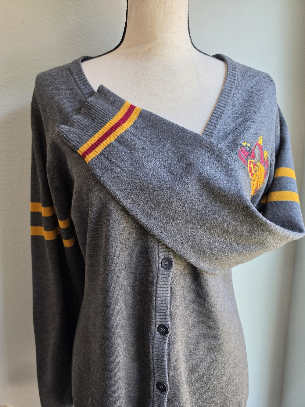 Hot Topic Gray Cardigan with Yellow and Red Crest Accents - Picture 5 of 6
